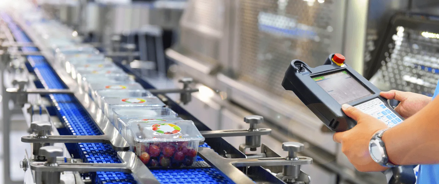 Convoyeur de barquettes de petits légumes dans une usine d'industrie agroalimentaire piloté par un contrôleur